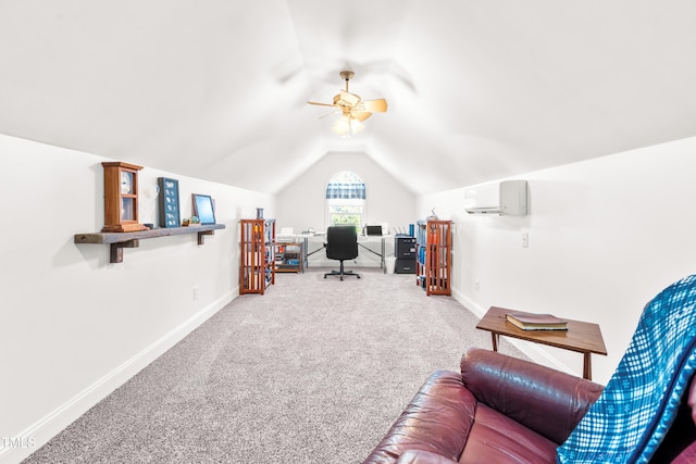 carpeted home office with ceiling fan, an AC wall unit, and lofted ceiling