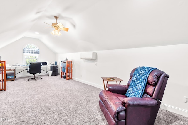 office featuring ceiling fan, carpet flooring, a wall mounted AC, and vaulted ceiling