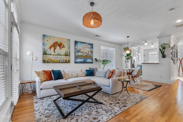 living room featuring ornamental molding and light hardwood / wood-style flooring