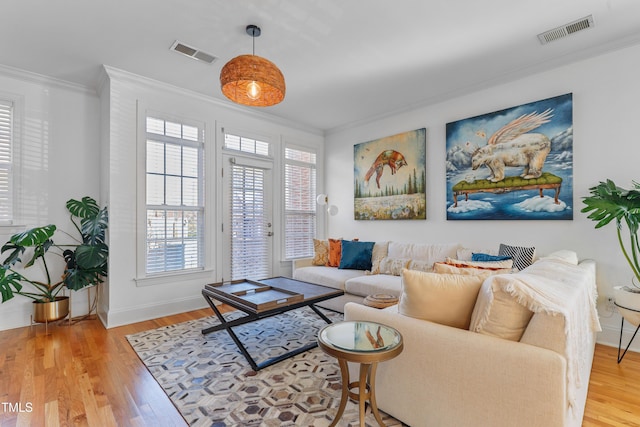 living room featuring ornamental molding and light hardwood / wood-style flooring