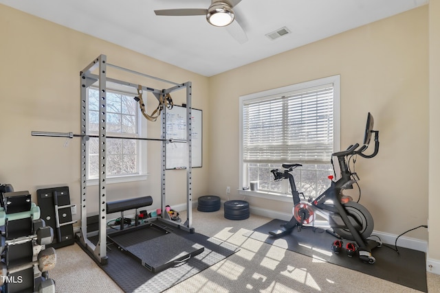 workout room with ceiling fan