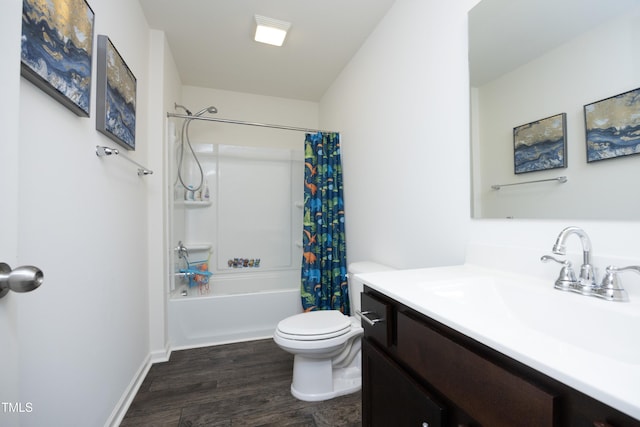 full bathroom featuring vanity, wood-type flooring, shower / bath combination with curtain, and toilet