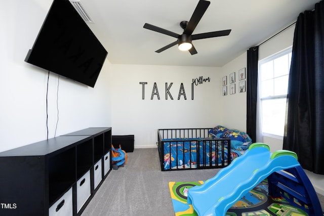 bedroom featuring carpet floors and ceiling fan