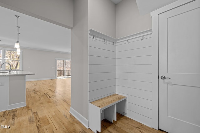 mudroom featuring light hardwood / wood-style flooring, a healthy amount of sunlight, and sink