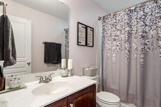 full bathroom with toilet, vanity, and shower / bathtub combination with curtain