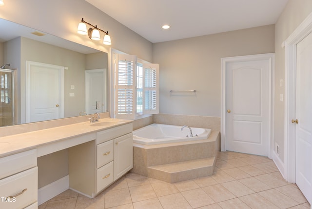 bathroom with tile patterned flooring, vanity, and plus walk in shower