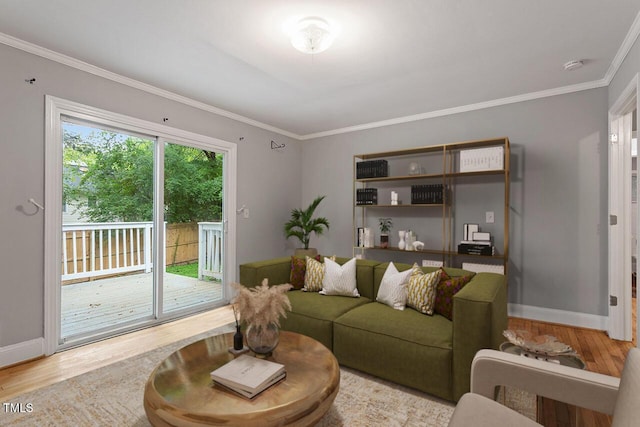 living room with crown molding and light hardwood / wood-style flooring