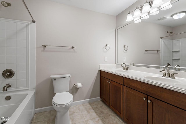 full bath featuring visible vents, a sink, toilet, and shower / bathtub combination