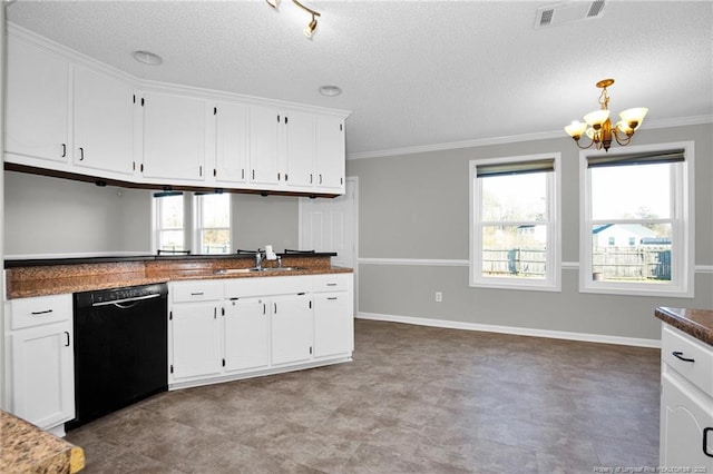 kitchen with white cabinets, crown molding, decorative light fixtures, dishwasher, and a chandelier