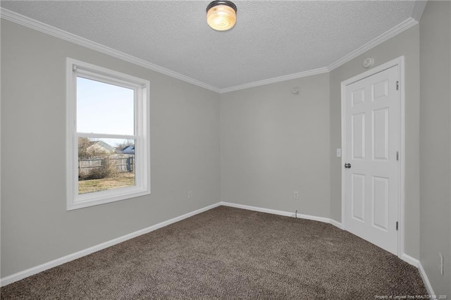 empty room featuring a textured ceiling, carpet floors, and crown molding