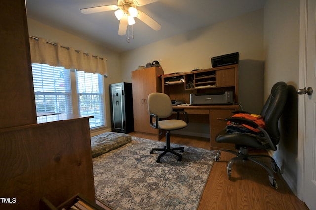 office space with ceiling fan and wood-type flooring