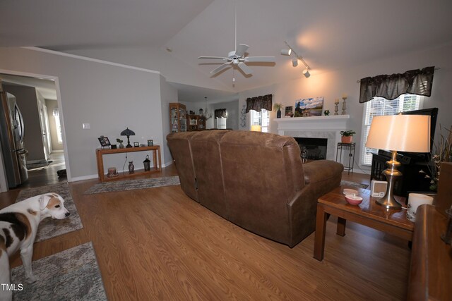 living room featuring track lighting, lofted ceiling, hardwood / wood-style floors, and ceiling fan