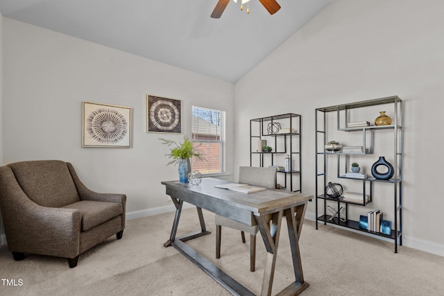 office area featuring high vaulted ceiling, ceiling fan, baseboards, and light colored carpet