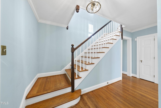 staircase featuring wood-type flooring and crown molding