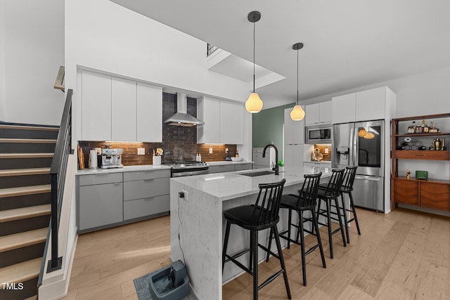 kitchen featuring wall chimney exhaust hood, white cabinetry, decorative light fixtures, an island with sink, and stainless steel appliances