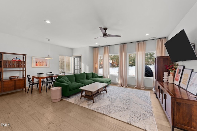 living room featuring ceiling fan and light wood-type flooring