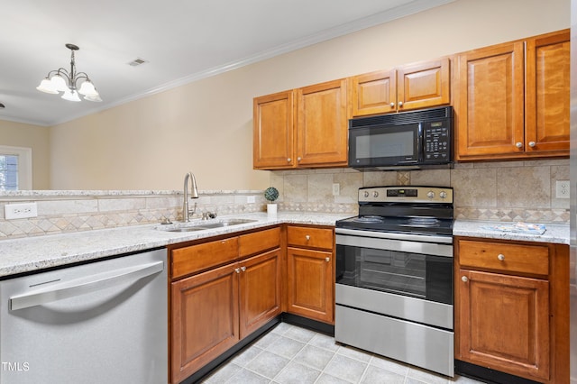 kitchen with stainless steel range with electric stovetop, an inviting chandelier, white dishwasher, crown molding, and sink