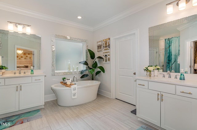 bathroom with vanity, independent shower and bath, and crown molding