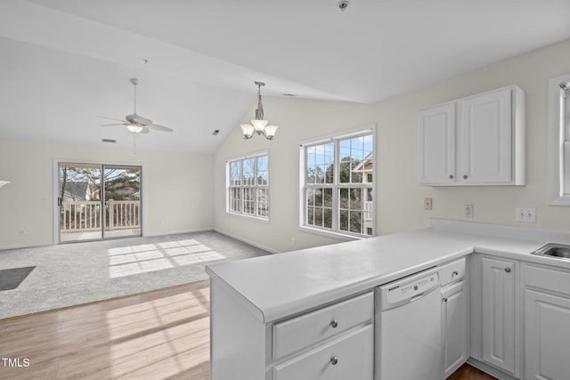 kitchen featuring white cabinetry, dishwasher, and kitchen peninsula