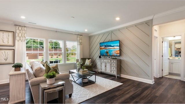 living room featuring dark hardwood / wood-style floors and crown molding