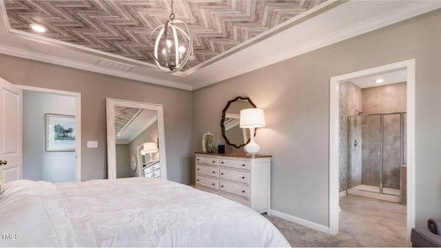 bedroom with a notable chandelier and crown molding