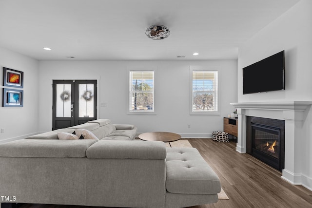 living room featuring wood-type flooring and french doors