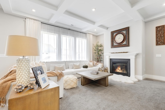 carpeted living room featuring beamed ceiling and coffered ceiling