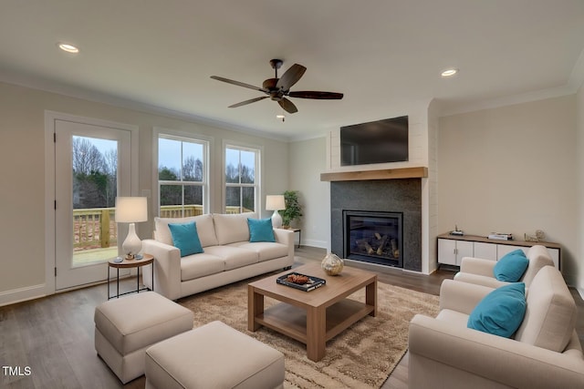 living room featuring hardwood / wood-style flooring, a large fireplace, crown molding, and ceiling fan