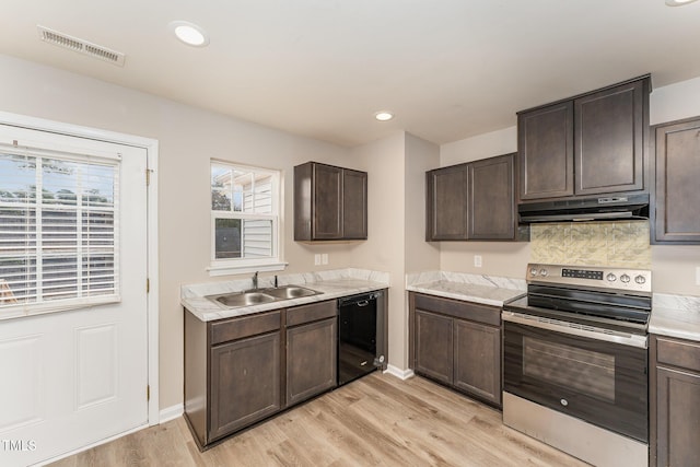 kitchen with sink, black dishwasher, light hardwood / wood-style flooring, stainless steel electric range, and dark brown cabinets