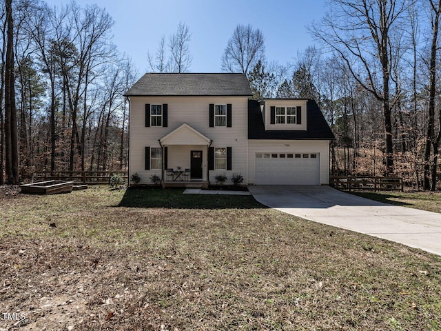 view of front of property featuring a porch, a garage, and a front yard