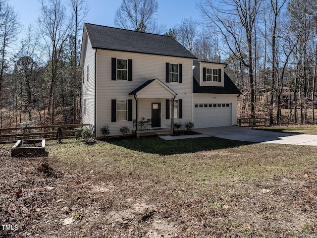 view of front facade with a front lawn, a garage, and covered porch