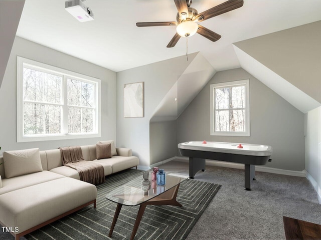 rec room featuring vaulted ceiling, ceiling fan, and carpet flooring