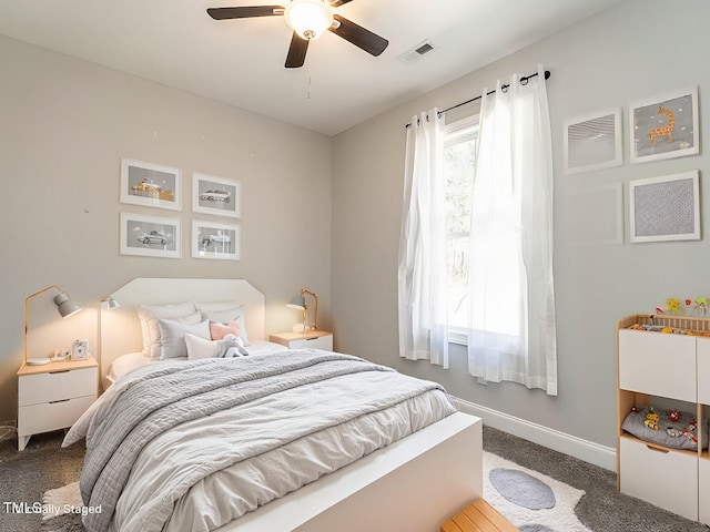 bedroom featuring carpet floors and ceiling fan