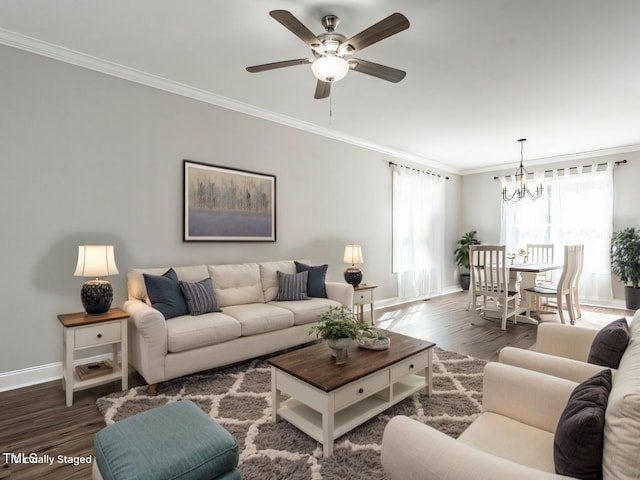 living room with dark wood-type flooring, crown molding, and ceiling fan with notable chandelier