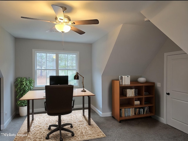 home office with carpet flooring and ceiling fan