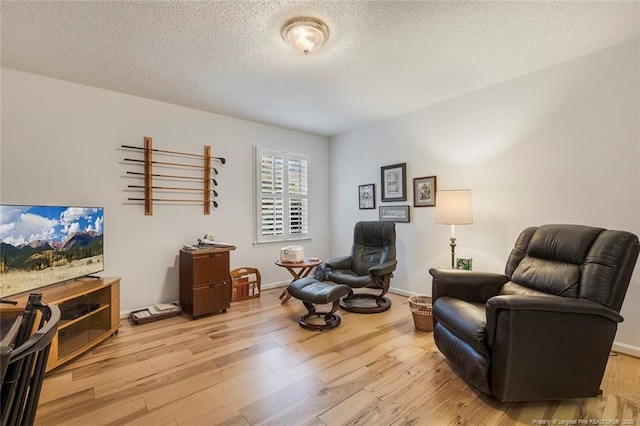 living area featuring a textured ceiling and light hardwood / wood-style flooring