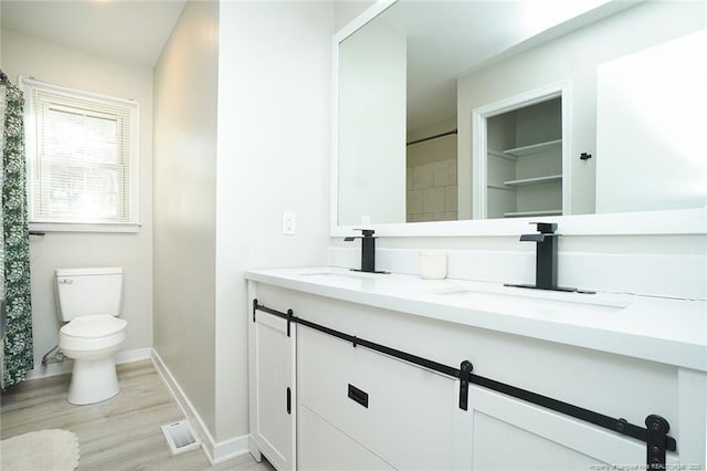 bathroom with hardwood / wood-style floors, vanity, and toilet