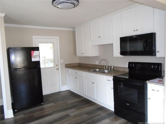 kitchen featuring sink, white cabinets, black appliances, and ornamental molding