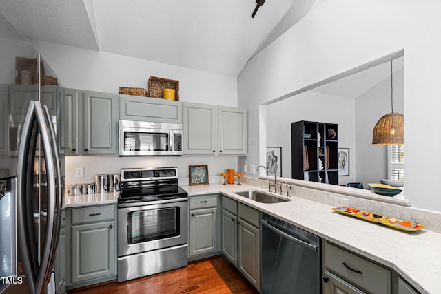 kitchen featuring stainless steel appliances, dark hardwood / wood-style flooring, sink, and vaulted ceiling