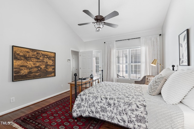 bedroom with high vaulted ceiling, ceiling fan, and dark hardwood / wood-style floors