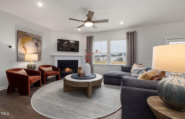 living room with wood-type flooring and ceiling fan