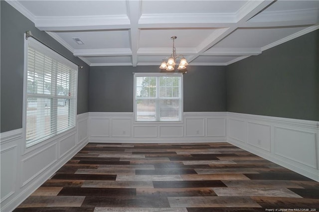 spare room with coffered ceiling, crown molding, a notable chandelier, beamed ceiling, and dark hardwood / wood-style floors