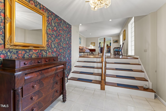 stairs featuring tile patterned flooring