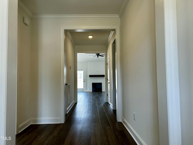 corridor with baseboards, dark wood finished floors, and crown molding