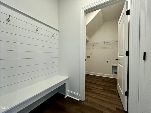 mudroom featuring dark wood-style flooring and baseboards