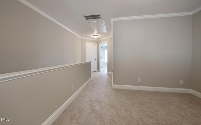 corridor featuring ornamental molding and light carpet