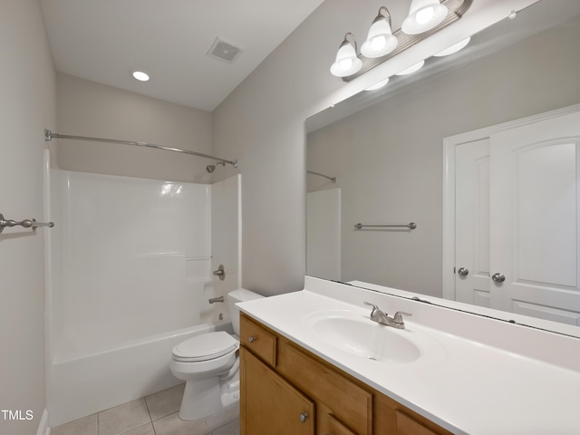 full bathroom with shower / bathtub combination, tile patterned flooring, vanity, and toilet