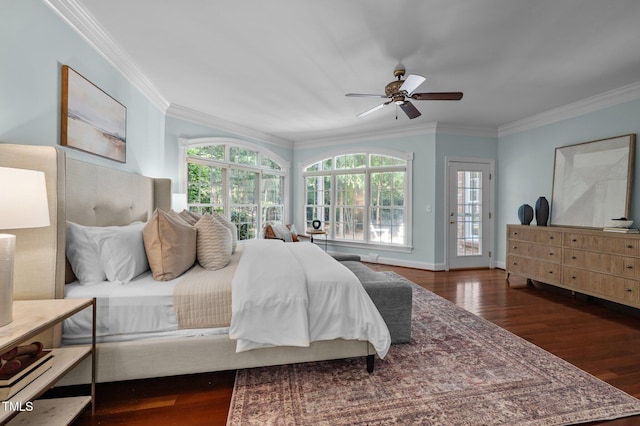 71012 Russell, Chapel Hill, NC 27517 - bedroom with crown molding, wood finished floors, access to exterior, ceiling fan, and baseboards