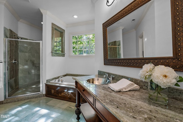 71012 Russell, Chapel Hill, NC 27517 - bathroom with a garden tub, vanity, a shower stall, ornamental molding, and recessed lighting