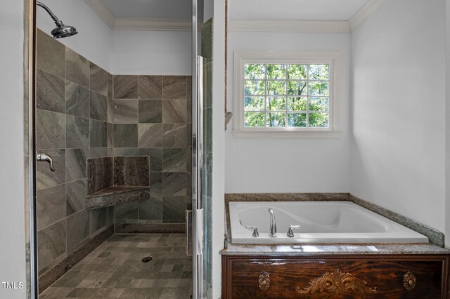 71012 Russell, Chapel Hill, NC 27517 - full bath with a bath, a shower stall, and ornamental molding